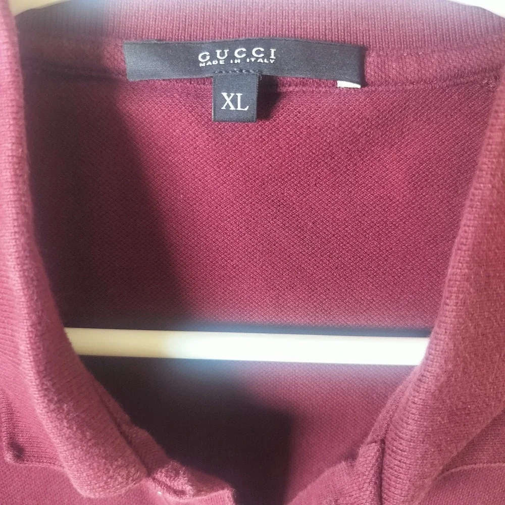Gucci Mens Burgundy Pique Polo Shirt Shoulder Stripe Webbing Detail XL Italy
